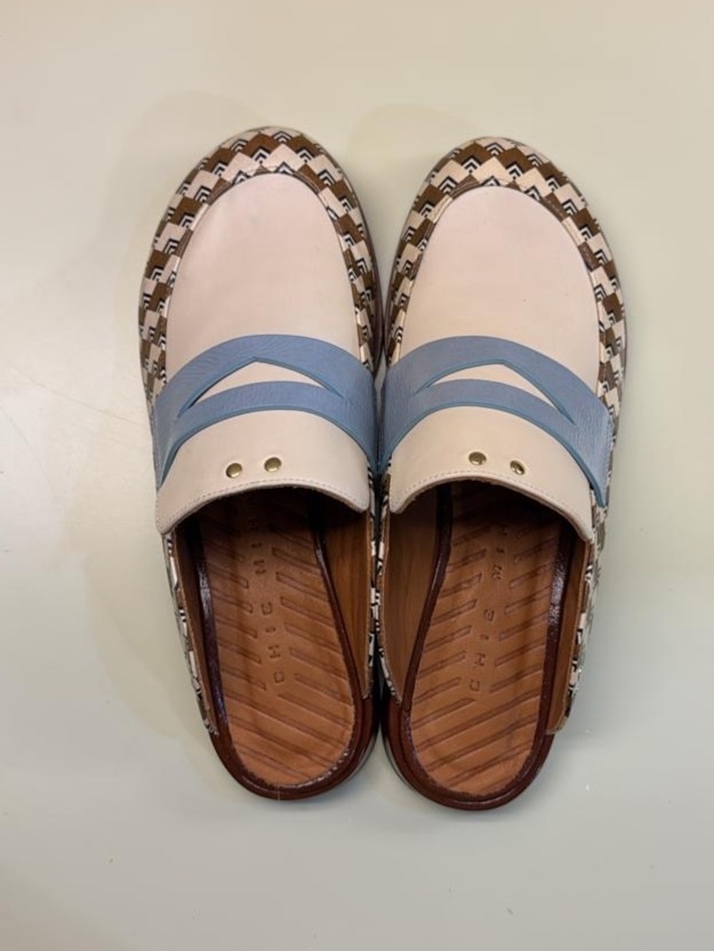 Chie Mihara Cream and Light Blue Patterned-Trim Slip-On Loafers